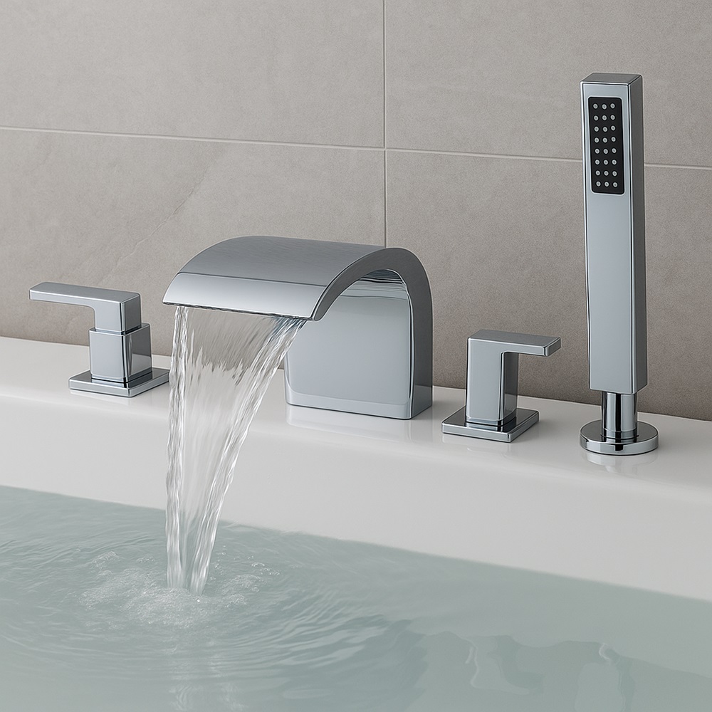 Deck-mounted waterfall bathtub filler with coordinated hand shower in a modern bathroom